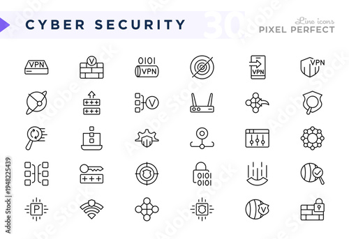 Cybersecurity icon set. Computing, internet, wireless communication, IoT, VPN, privacy, line icon collection. 