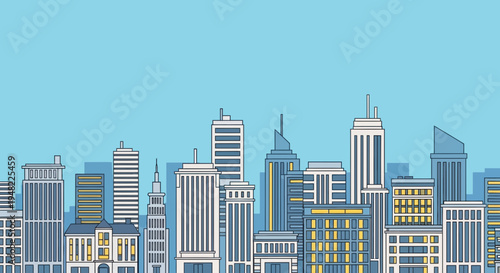 Modern Cityscape Skyline Flat Design Illustration on Blue Sky Background