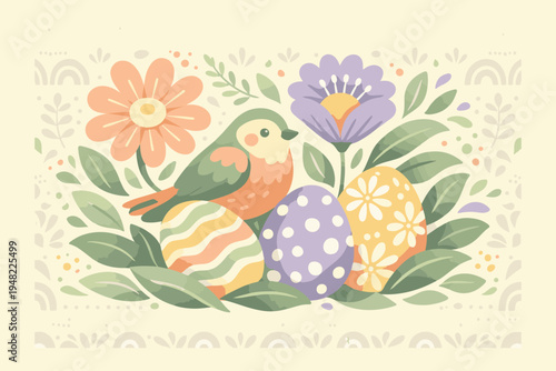 Spring floral background with decorated Easter eggs and a little bird illustration.