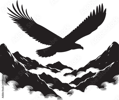 Majestic eagle soaring above mountain peaks and clouds Vector, illustration