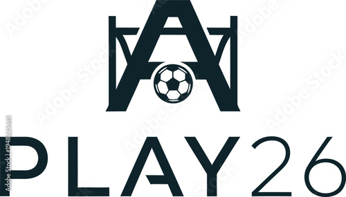 Sporty letter A with soccer ball and play 26 text, representing competition