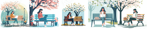 vector woman sitting on park bench in spring with a laptop