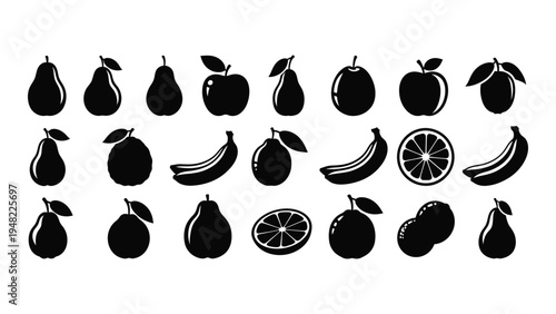 A comprehensive analysis of fresh fruit icons including apples, bananas, pears, and oranges
