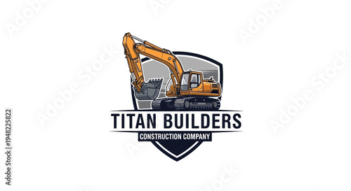Construction Company Logo: Excavator Machine on Shield Emblem, Titan Builders