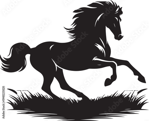 Graceful black horse galloping across a meadow by a stream Vector, illustration