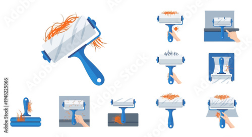 Lint Roller Cleaning Set: Pet Hair Removal, Dusting, and Fabric Care Icons