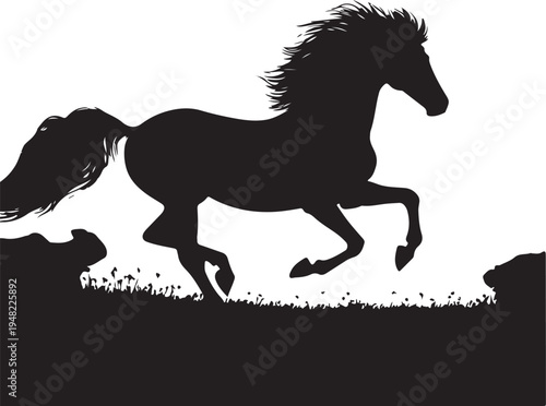 Graceful silhouette of a galloping horse on a grassy field Vector, illustration