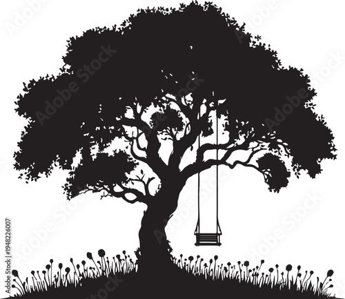 A swing beneath the majestic oak tree in a serene meadow Vector, illustration