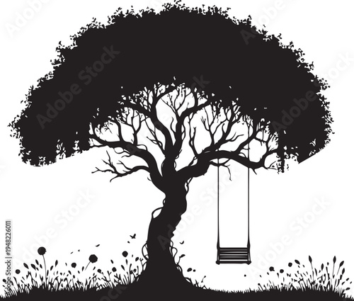 A solitary swing hanging from an ancient tree in a serene meadow Vector, illustration