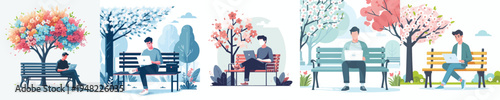 vector man sitting on park bench in spring with a laptop
