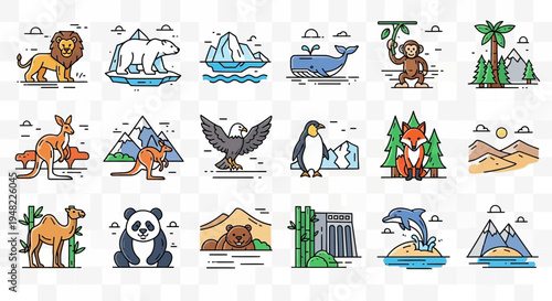 Cute Animal Icons Set: Wildlife, Zoo, Nature, Forest, Arctic, Ocean Creatures