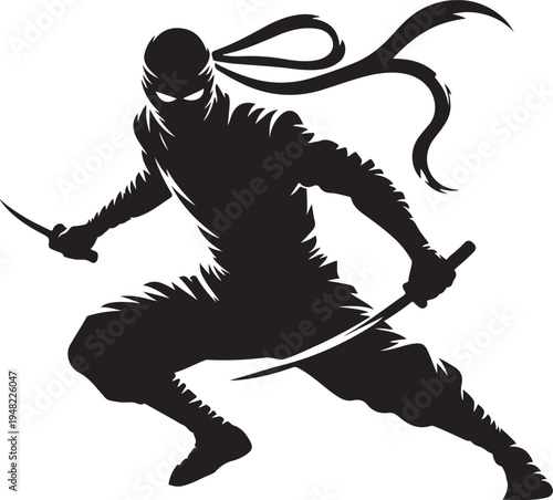 Dynamic silhouette of a ninja in action with a sword and rope Vector, illustration