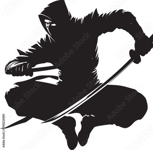 Mysterious hooded archer in dynamic pose with bow and arrow Vector, illustration