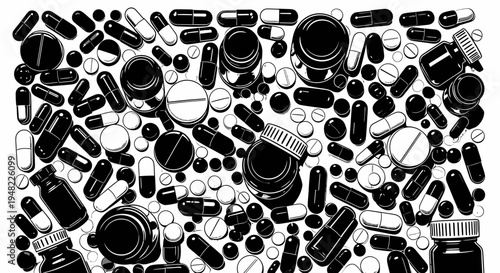 Assorted Pills, Capsules, and Bottles - Medical Treatment and Healthcare Background