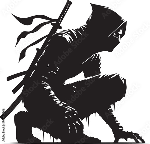 Mysterious ninja warrior crouched in shadowy ambush position with sword Vector, illustration