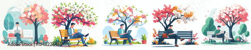vector man sitting on park bench in spring with a laptop