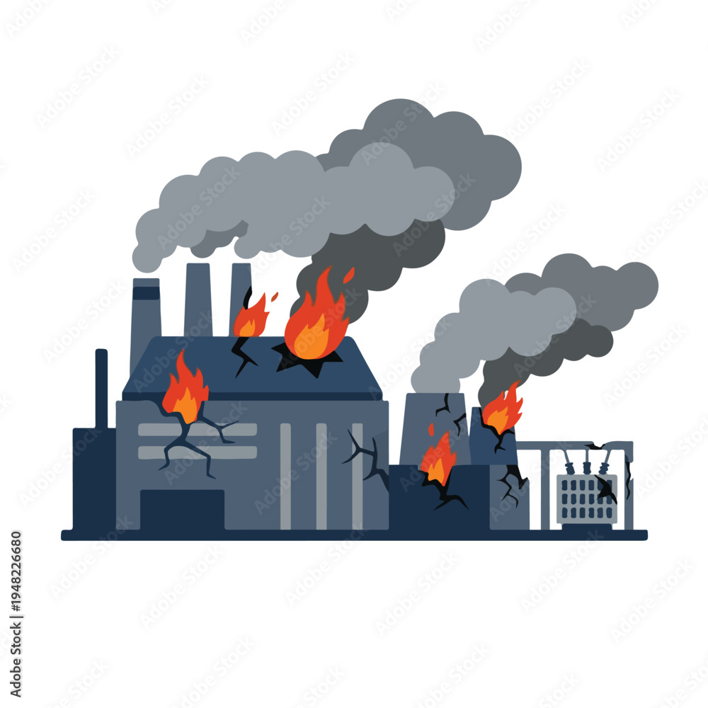 Obraz premium vector flat illustration of a power plant burning due to a missile attack 5