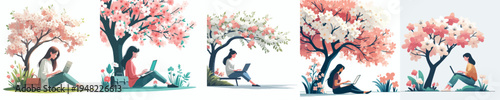 vector woman sitting leaning under a tree in spring with a laptop