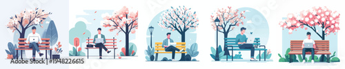 vector man sitting on park bench in spring with a laptop
