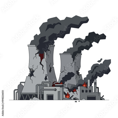 vector flat illustration of a power plant burning due to a missile attack 03
