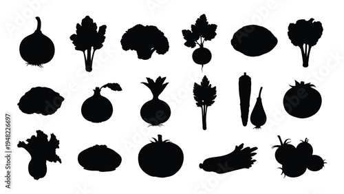 Collection of various vegetable silhouettes for food and nutrition illustrations
