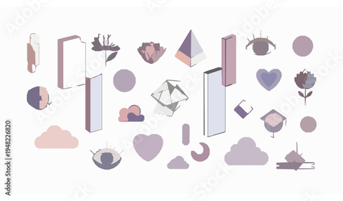 Psychedelic abstract shapes and surreal objects vector set with eyes hearts flowers and geometric 3D forms