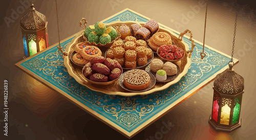 Ramadan Sweets Tray with Lanterns - Traditional Islamic Celebration Food