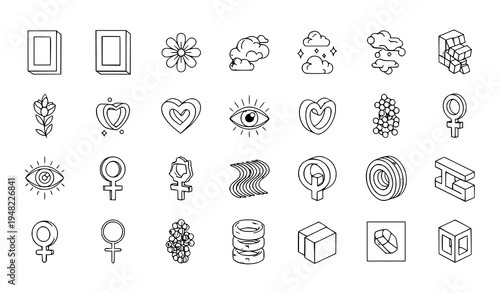 Modern psychedelic esoteric symbols vector collection with surreal shapes eyes clouds flowers and hearts