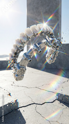 Prismatic Glitch: Heroic Titanium Dental Implant in Concrete Desert