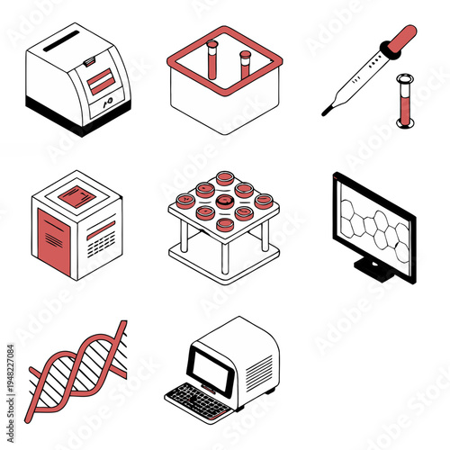 Medical Research and Laboratory Science Isometric Icon Set - Chemistry Testing and Biotechnology Vector