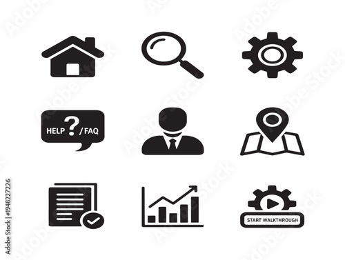 Modern walkthrough dashboard icons with guided tour silhouette designs