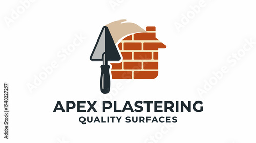 This logo design showcases a trowel with a brick wall and house silhouette, perfect for emphasizing quality plastering and construction services in a professional manner.