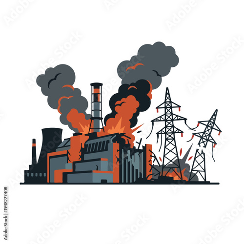 vector flat illustration of a power plant burning due to a missile attack 01
