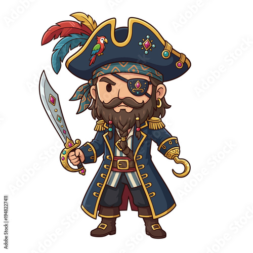 This vibrant character design features a cute pirate captain dressed colorfully, complete with sword and accessories that capture the adventurous spirit of the high seas.