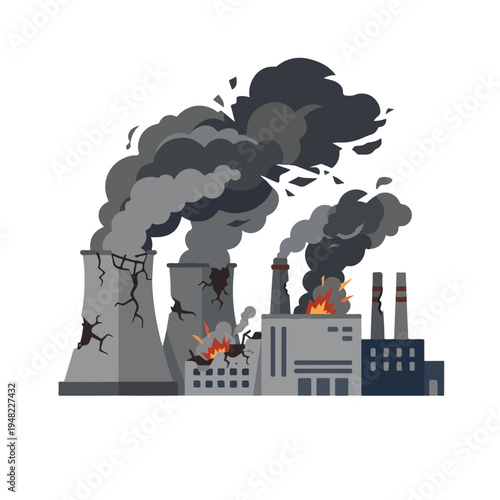 vector flat illustration of a power plant burning due to a missile attack 002