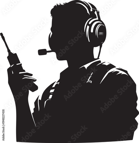 Gamer using headset and microphone while holding a game controller Vector, illustration