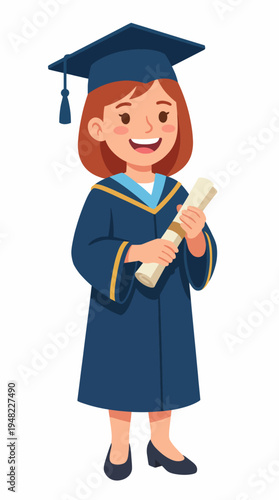 This cheerful illustration depicts a graduate in cap and gown holding a diploma, embodying achievement, joy, and the excitement that comes with graduation celebrations.