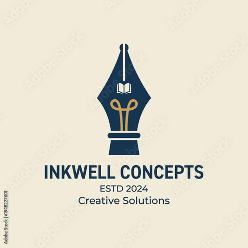 A sophisticated logo for Inkwell Concepts, featuring a fountain pen nib with a book outline, embodying creativity and professional writing solutions.
