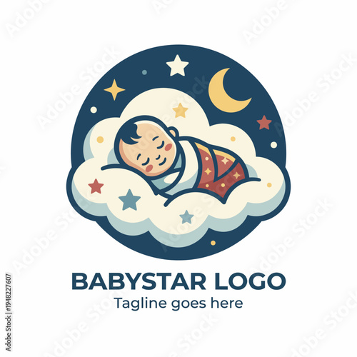 A serene image showcasing a baby peacefully sleeping on a fluffy cloud surrounded by stars and a crescent moon, evoking feelings of tranquility and innocence.