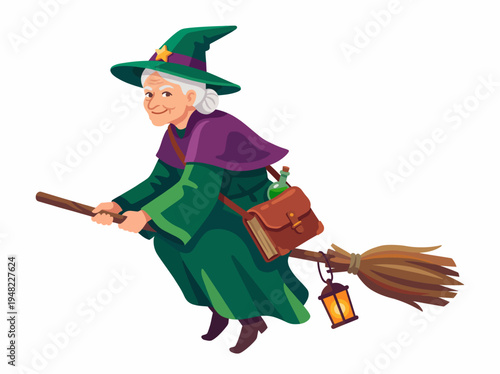 An enchanting illustration of an elderly witch flying gracefully on her broomstick, carrying a lantern and potion, embodying whimsical magic and folklore charm.
