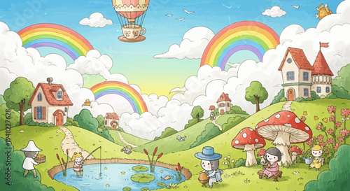Whimsical Fantasy Village with Rainbows and Hot Air Balloon