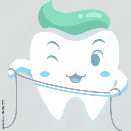 A cheerful cartoon tooth mascot holding dental floss promotes dental hygiene with a fun and friendly design, making it suitable for children's dental practices and educational content.