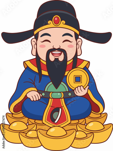 This joyful character represents prosperity and abundance, adorned in colorful traditional attire while surrounded by gold ingots, symbolizing fortune and happiness.