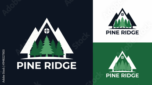 This logo features rugged mountains with lush evergreen trees below, perfect for outdoor activities. It embodies adventure, nature, and exploration themes.