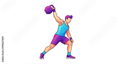 Illustration of a man performing a fitness training exercise with a kettlebell in a dynamic stance, conveying strength and healthy living
