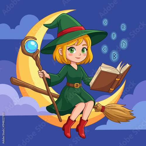 This whimsical illustration portrays a jovial young witch sitting on a crescent moon, combining fantasy and innocence, ideal for children's products or magical themes.