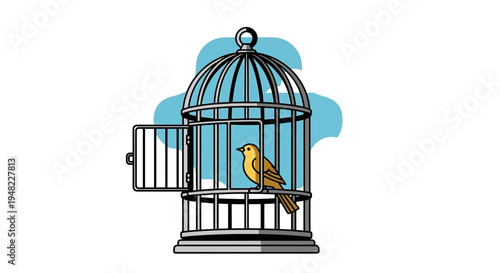 Small yellow bird inside an open cage, symbol of freedom and escape