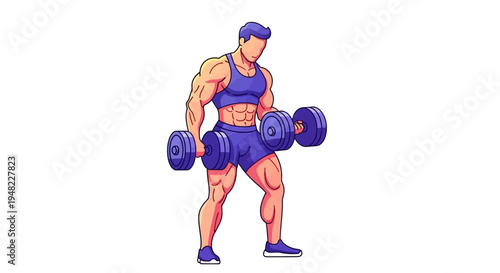 Illustration of a muscular man lifting dumbbells in a fitness pose with a strong and energetic mood