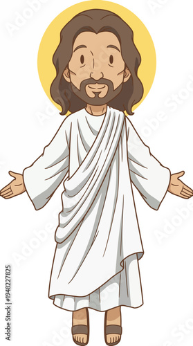 This cartoon representation of Jesus features a welcoming pose and friendly expression, designed to convey warmth, spirituality, and a sense of community in religious contexts.