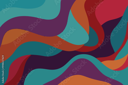 Retro colorful abstract background with flowing organic wavy shapes and vibrant color palette. Modern decorative design suitable for posters, wallpapers, digital graphics and creative projects.